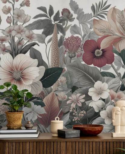 beige, hvidt og rødt blomstertapet vægmaleri kaldet Love on Weekend af Marina Stupakova til soveværelser og lounger beige, hvidt og rødt blomstertapet vægmaleri kaldet Love on Weekend af Marina Stupakova til soveværelser og lounger