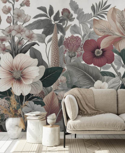 beigefarbene, weiße und rote Blumentapete namens Love on Weekend von Marina Stupakova für Schlafzimmer und Lounges