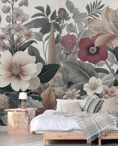 mural de papel pintado floral beige, blanco y rojo llamado Love on Weekend de Marina Stupakova para dormitorios y salones