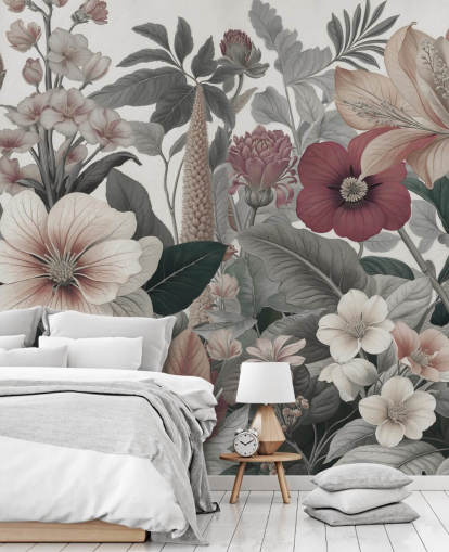 mural de papel de parede floral bege, branco e vermelho chamado Love on Weekend de Marina Stupakova para quartos e salões