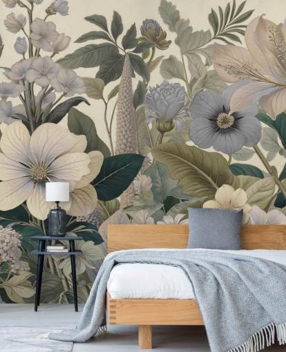 fresque murale à motif floral bleu et beige intitulée Love on Weekend II de Marina Stupakova pour les chambres et les salons