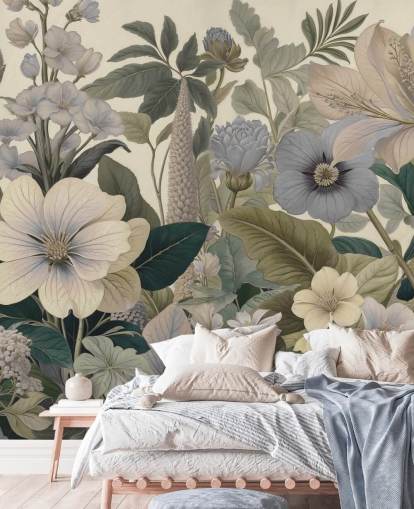 blått og beige blomstermønster veggmaleri kalt Love on Weekend II av Marina Stupakova for soverom og stuer