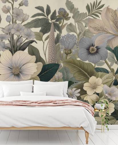 blått og beige blomstermønster veggmaleri kalt Love on Weekend II av Marina Stupakova for soverom og stuer