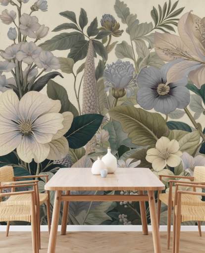 murale con motivi floreali blu e beige chiamato Love on Weekend II di Marina Stupakova per camere da letto e salotti