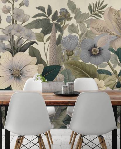 mural de pared con estampado floral azul y beige llamado Love on Weekend II de Marina Stupakova para dormitorios y salas de estar