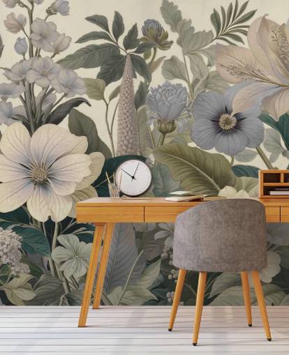 mural de pared con estampado floral azul y beige llamado Love on Weekend II de Marina Stupakova para dormitorios y salas de estar