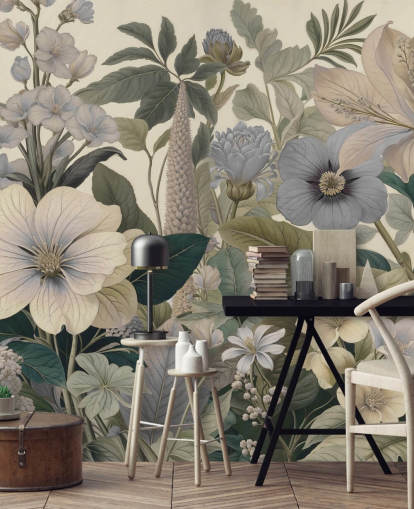 blue and beige floral pattern wall mural called Love on Weekend II by Marina Stupakova for bedrooms and living rooms