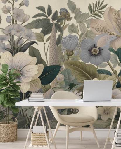 blauwe en beige bloemenpatroon muurschildering genaamd Love on Weekend II van Marina Stupakova voor slaapkamers en woonkamers