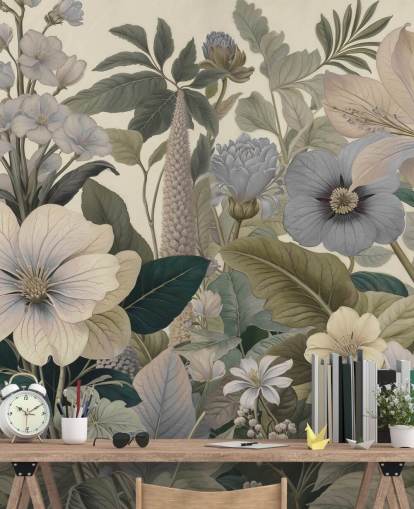 blått og beige blomstermønster veggmaleri kalt Love on Weekend II av Marina Stupakova for soverom og stuer
