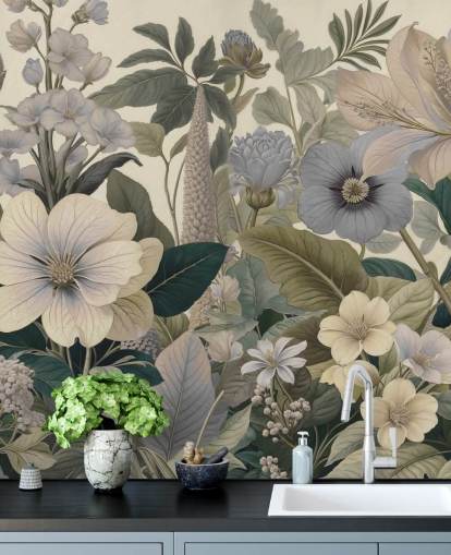 blue and beige floral pattern wall mural called Love on Weekend II by Marina Stupakova for bedrooms and living rooms