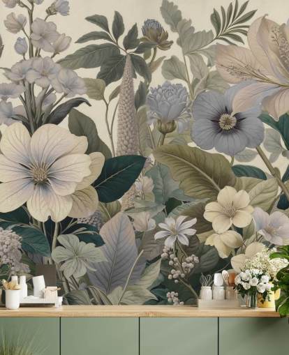 blue and beige floral pattern wall mural called Love on Weekend II by Marina Stupakova for bedrooms and living rooms