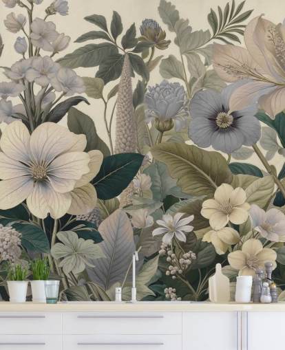 blått og beige blomstermønster veggmaleri kalt Love on Weekend II av Marina Stupakova for soverom og stuer