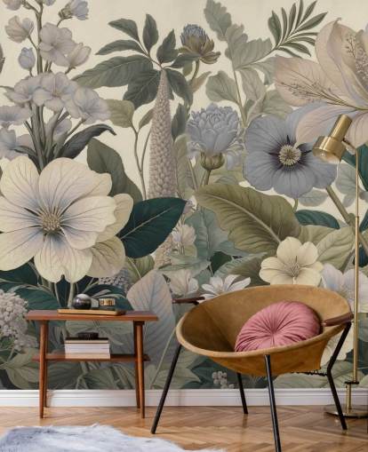 blauwe en beige bloemenpatroon muurschildering genaamd Love on Weekend II van Marina Stupakova voor slaapkamers en woonkamers