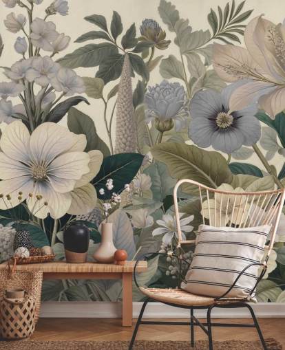 blauwe en beige bloemenpatroon muurschildering genaamd Love on Weekend II van Marina Stupakova voor slaapkamers en woonkamers blauwe en beige bloemenpatroon muurschildering genaamd Love on Weekend II van Marina Stupakova voor slaapkamers en woonkamers