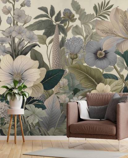 mural de pared con estampado floral azul y beige llamado Love on Weekend II de Marina Stupakova para dormitorios y salas de estar