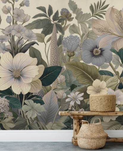 murale con motivi floreali blu e beige chiamato Love on Weekend II di Marina Stupakova per camere da letto e salotti