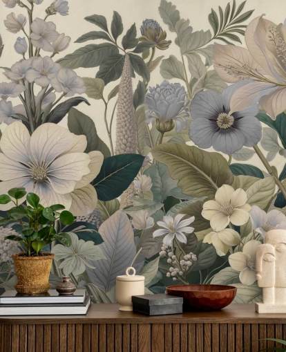 mural de pared con estampado floral azul y beige llamado Love on Weekend II de Marina Stupakova para dormitorios y salas de estar