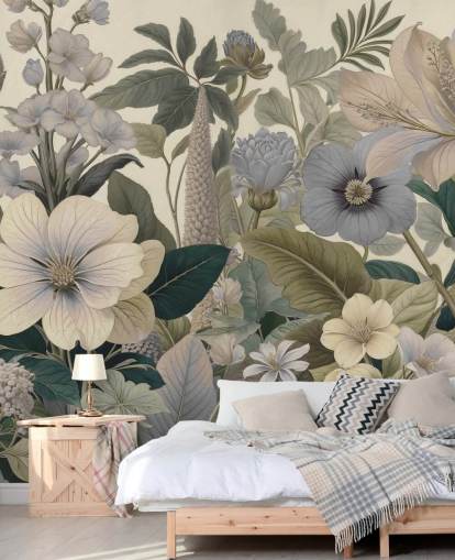 blå och beige blommönster väggmålning som heter Love on Weekend II av Marina Stupakova för sovrum och vardagsrum