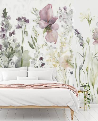 witte, paarse en groene bloemenbehangmuurschildering genaamd The Softness of Heart III van Marina Stupakova