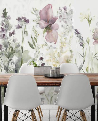 weiße, lila und grüne Blumentapete namens The Softness of Heart III von Marina Stupakova