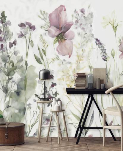 mural de papel pintado floral blanco, morado y verde llamado La suavidad del corazón III de Marina Stupakova