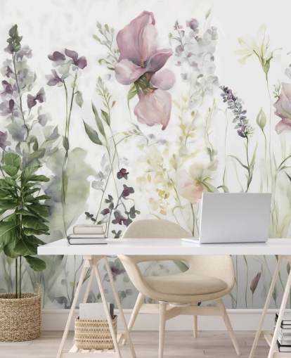 mural de papel pintado floral blanco, morado y verde llamado La suavidad del corazón III de Marina Stupakova