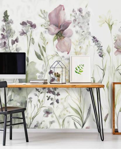 mural de papel pintado floral blanco, morado y verde llamado La suavidad del corazón III de Marina Stupakova