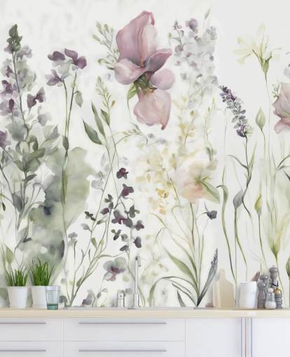 weiße, lila und grüne Blumentapete namens The Softness of Heart III von Marina Stupakova