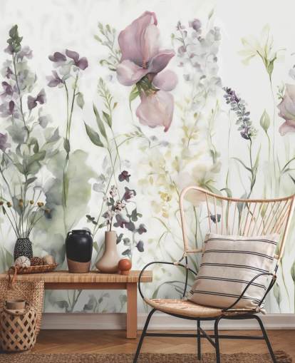 mural de papel de parede floral branco, roxo e verde chamado The Softness of Heart III de Marina Stupakova mural de papel de parede floral branco, roxo e verde chamado The Softness of Heart III de Marina Stupakova