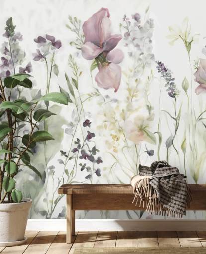 mural de papel pintado floral blanco, morado y verde llamado La suavidad del corazón III de Marina Stupakova