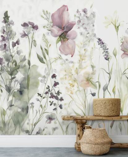 mural de papel de parede floral branco, roxo e verde chamado The Softness of Heart III de Marina Stupakova mural de papel de parede floral branco, roxo e verde chamado The Softness of Heart III de Marina Stupakova