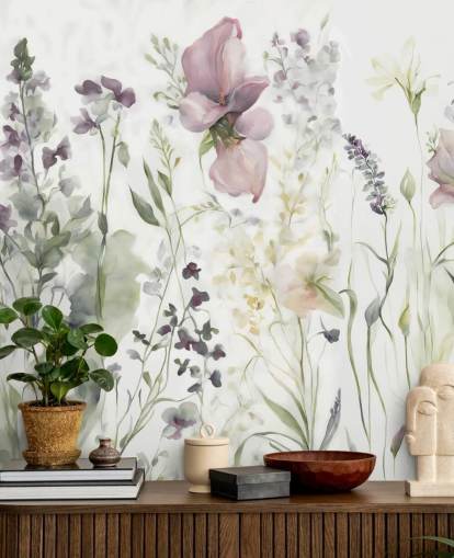 white, purple and green floral wallpaper mural called The Softness of Heart III by Marina Stupakova