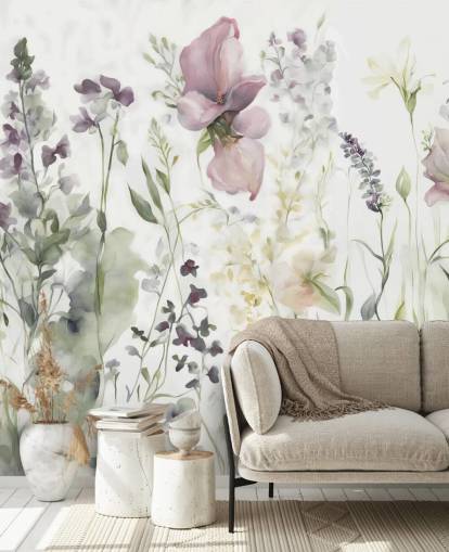 hvidt, lilla og grønt blomstertapet vægmaleri kaldet The Sofidity of Heart III af Marina Stupakova