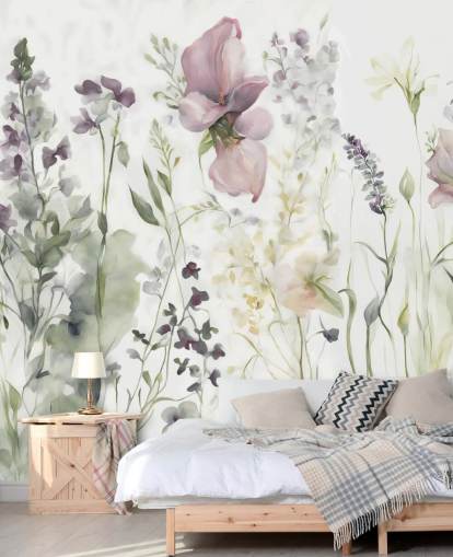 mural de papel pintado floral blanco, morado y verde llamado La suavidad del corazón III de Marina Stupakova mural de papel pintado floral blanco, morado y verde llamado La suavidad del corazón III de Marina Stupakova