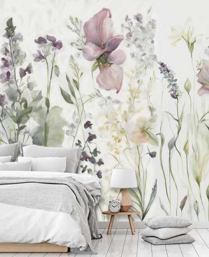 mural de papel pintado floral blanco, morado y verde llamado La suavidad del corazón III de Marina Stupakova mural de papel pintado floral blanco, morado y verde llamado La suavidad del corazón III de Marina Stupakova