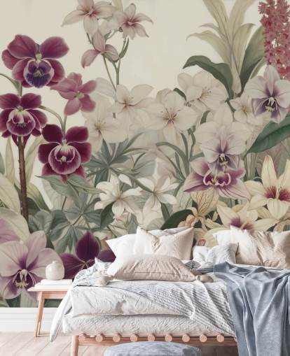white and purple floral pattern wall mural called The Tenderness of Orchids by Marina Stupakova for bedrooms and living rooms