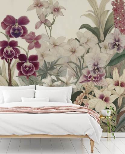 mural de parede com padrão floral branco e roxo chamado The Tenderness of Orchids, de Marina Stupakova, para quartos e salas de estar