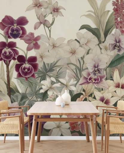 mural de pared con estampado floral blanco y morado llamado La ternura de las orquídeas de Marina Stupakova para dormitorios y salas de estar mural de pared con estampado floral blanco y morado llamado La ternura de las orquídeas de Marina Stupakova para dormitorios y salas de estar
