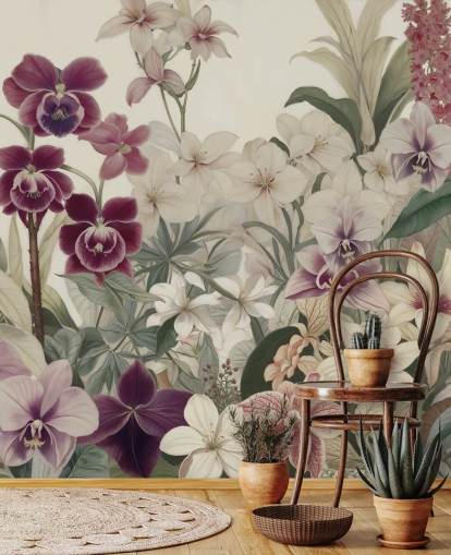 mural de pared con estampado floral blanco y morado llamado La ternura de las orquídeas de Marina Stupakova para dormitorios y salas de estar