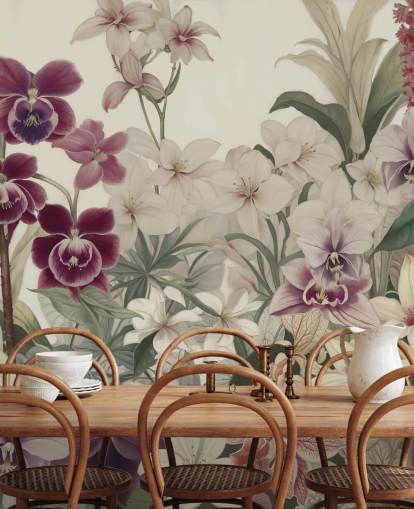 fresque murale à motif floral blanc et violet intitulée La tendresse des orchidées de Marina Stupakova pour les chambres et les salons fresque murale à motif floral blanc et violet intitulée La tendresse des orchidées de Marina Stupakova pour les chambres et les salons