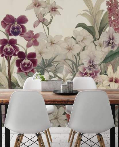 witte en paarse muurschildering met bloemenpatroon genaamd The Tenderness of Orchids van Marina Stupakova voor slaapkamers en woonkamers witte en paarse muurschildering met bloemenpatroon genaamd The Tenderness of Orchids van Marina Stupakova voor slaapkamers en woonkamers