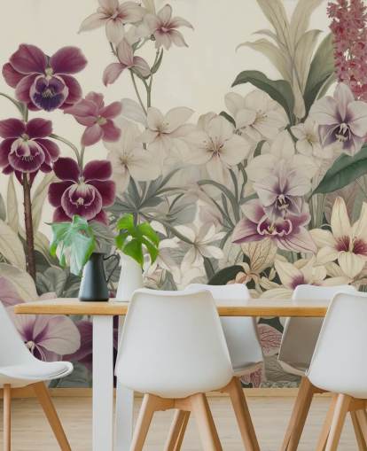 witte en paarse muurschildering met bloemenpatroon genaamd The Tenderness of Orchids van Marina Stupakova voor slaapkamers en woonkamers