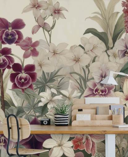 mural de pared con estampado floral blanco y morado llamado La ternura de las orquídeas de Marina Stupakova para dormitorios y salas de estar