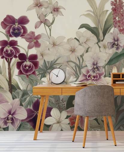 white and purple floral pattern wall mural called The Tenderness of Orchids by Marina Stupakova for bedrooms and living rooms