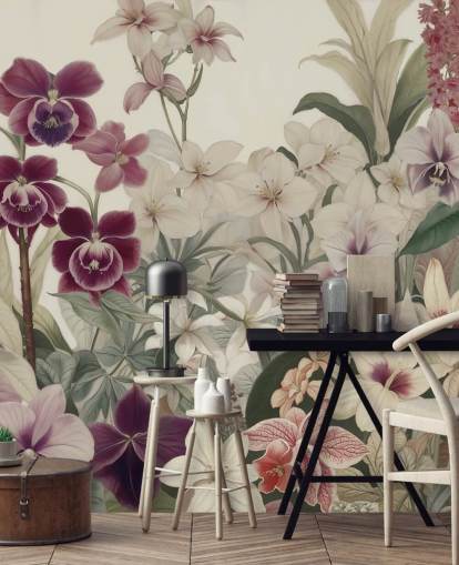 white and purple floral pattern wall mural called The Tenderness of Orchids by Marina Stupakova for bedrooms and living rooms
