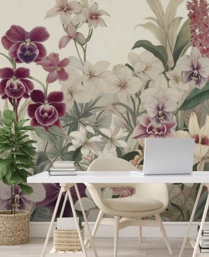 mural de pared con estampado floral blanco y morado llamado La ternura de las orquídeas de Marina Stupakova para dormitorios y salas de estar mural de pared con estampado floral blanco y morado llamado La ternura de las orquídeas de Marina Stupakova para dormitorios y salas de estar
