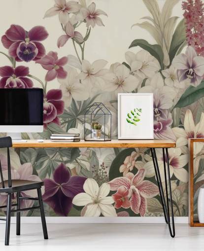 fresque murale à motif floral blanc et violet intitulée La tendresse des orchidées de Marina Stupakova pour les chambres et les salons