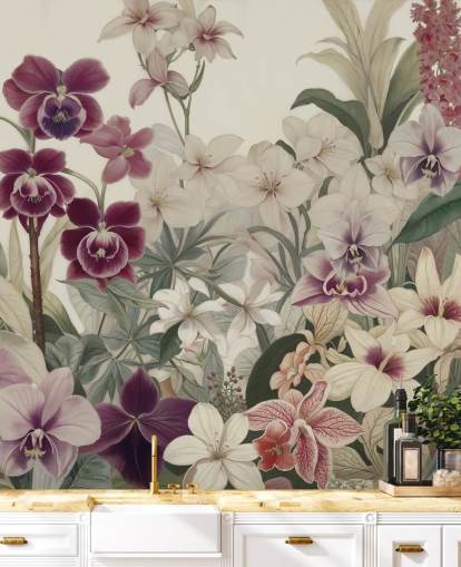 mural de pared con estampado floral blanco y morado llamado La ternura de las orquídeas de Marina Stupakova para dormitorios y salas de estar
