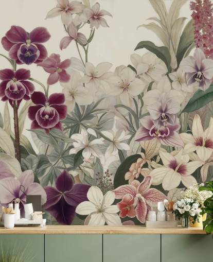 mural de parede com padrão floral branco e roxo chamado The Tenderness of Orchids, de Marina Stupakova, para quartos e salas de estar
