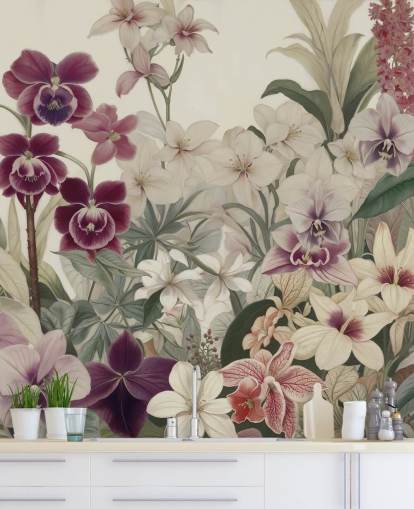 murale con motivo floreale bianco e viola chiamato The Tenderness of Orchids di Marina Stupakova per camere da letto e salotti